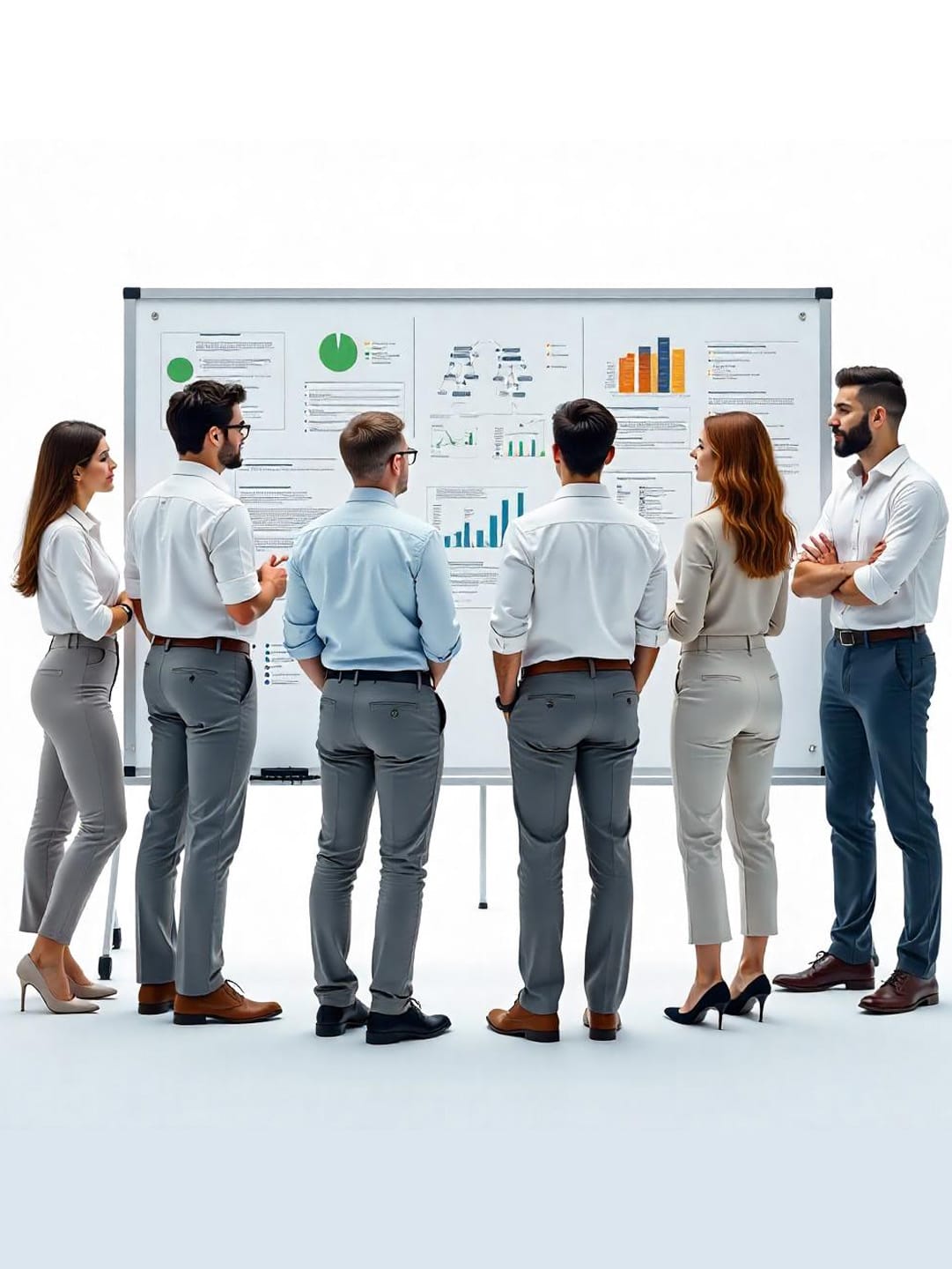 A group of six people in business attire stands facing a whiteboard with charts and graphs. They appear engaged in discussion or analysis. The background is plain, emphasizing the whiteboard's detailed visual data.